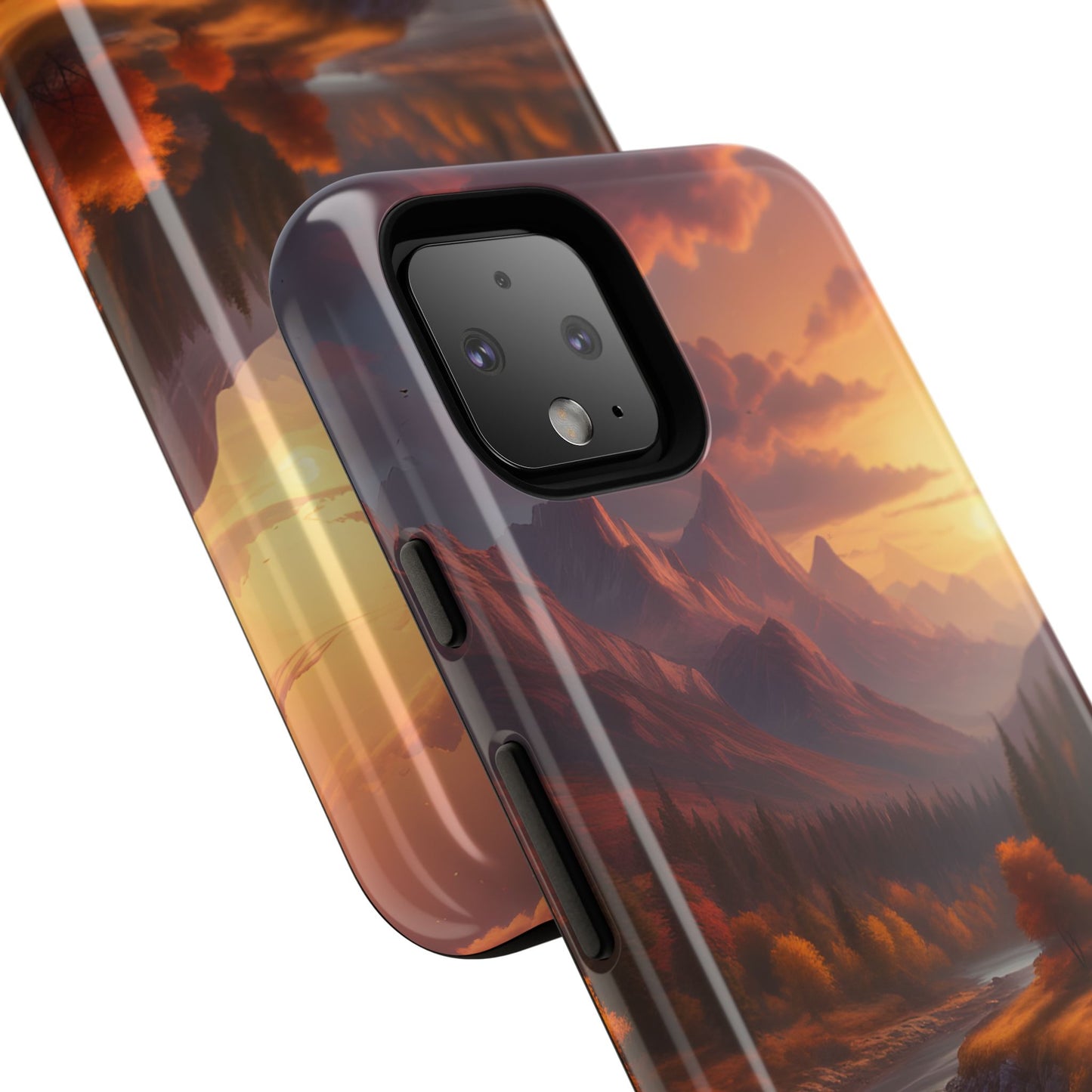 Carcasa para teléfono con diseño de atardecer otoñal en la montaña, regalo para amantes de la naturaleza, funda resistente para teléfono, accesorio para aventuras al aire libre, funda con arte paisajístico.