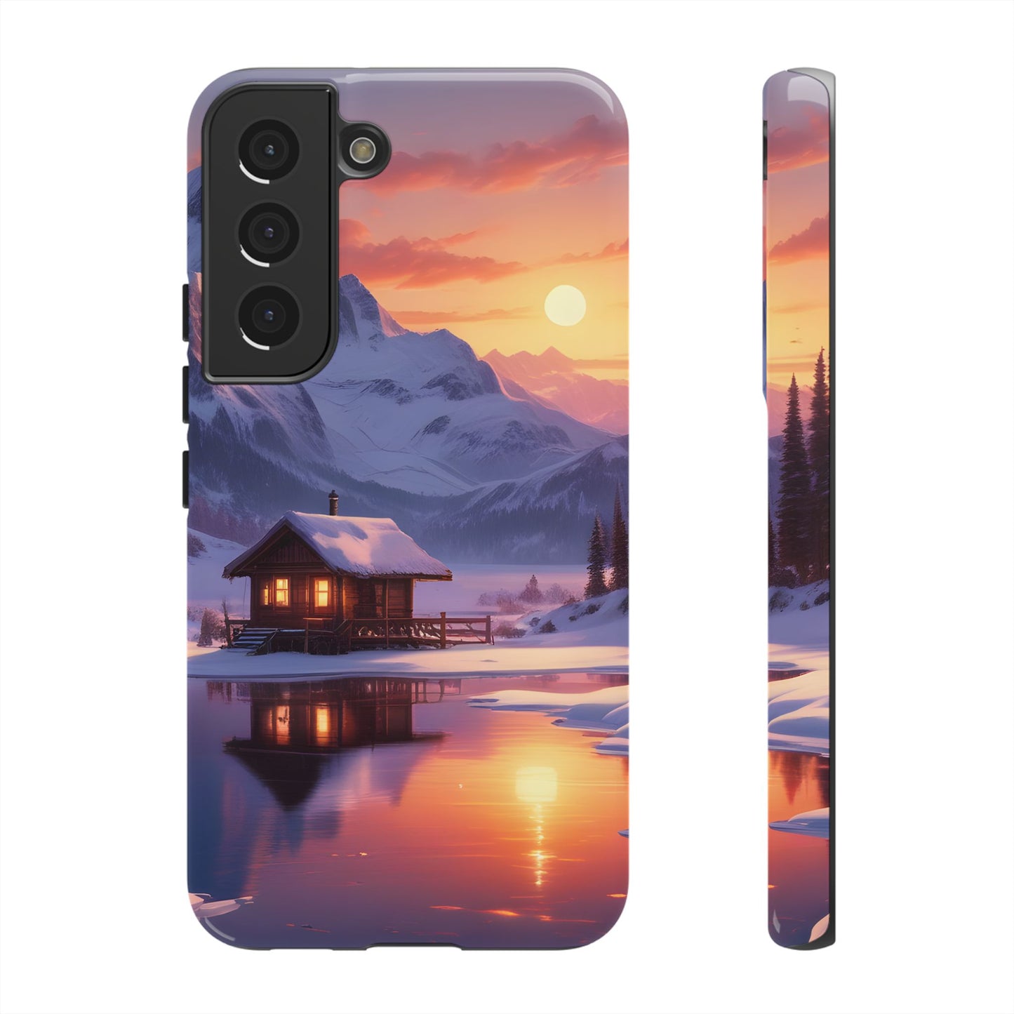 Carcasa para teléfono con diseño de cabaña en la montaña nevada, fundas resistentes para amantes de la naturaleza, cubierta de teléfono con paisaje pintoresco, regalo para excursionistas, accesorio para aventuras al aire libre.
