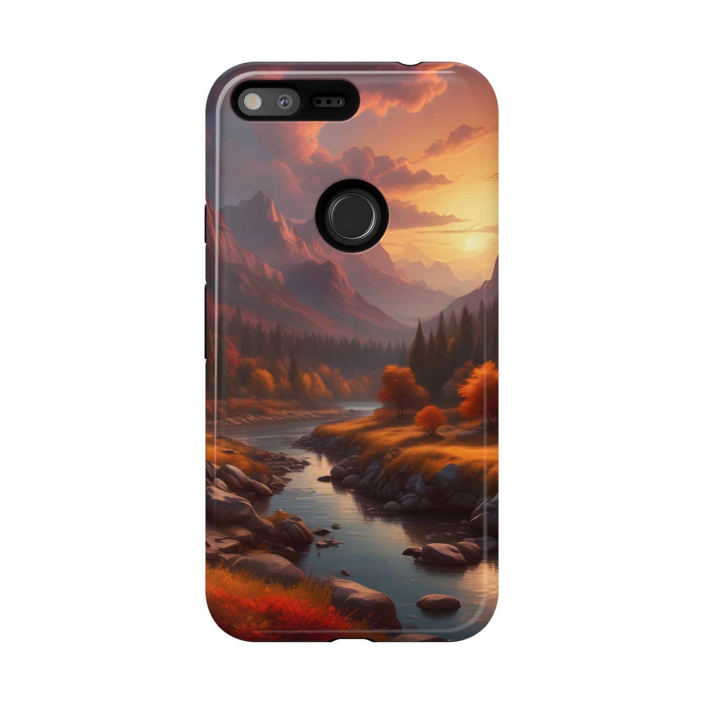 Carcasa para teléfono con diseño de atardecer otoñal en la montaña, regalo para amantes de la naturaleza, funda resistente para teléfono, accesorio para aventuras al aire libre, funda con arte paisajístico.