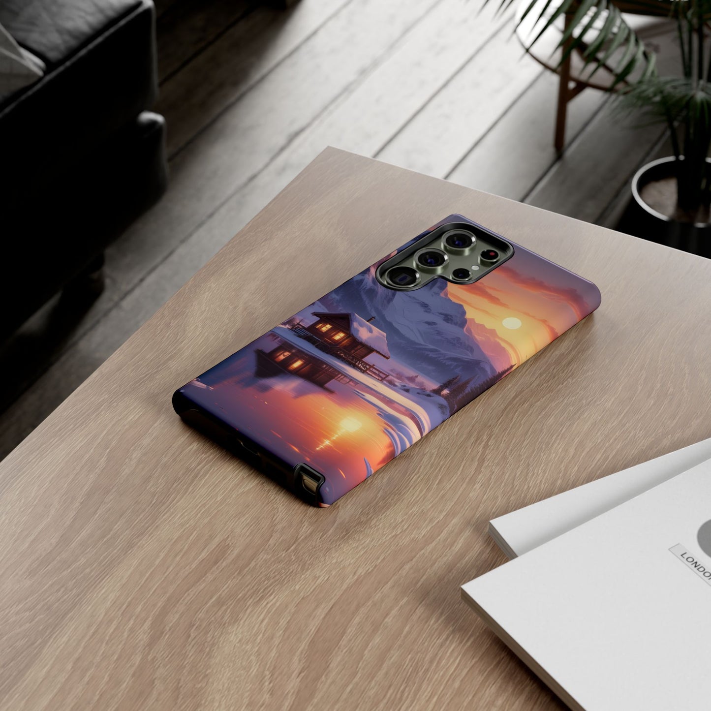 Carcasa para teléfono con diseño de cabaña en la montaña nevada, fundas resistentes para amantes de la naturaleza, cubierta de teléfono con paisaje pintoresco, regalo para excursionistas, accesorio para aventuras al aire libre.
