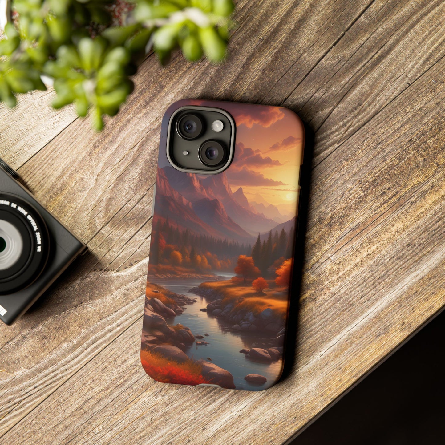 Carcasa para teléfono con diseño de atardecer otoñal en la montaña, regalo para amantes de la naturaleza, funda resistente para teléfono, accesorio para aventuras al aire libre, funda con arte paisajístico.