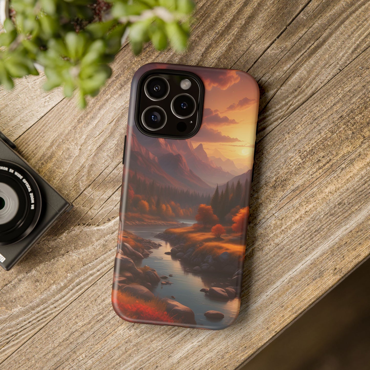 Carcasa para teléfono con diseño de atardecer otoñal en la montaña, regalo para amantes de la naturaleza, funda resistente para teléfono, accesorio para aventuras al aire libre, funda con arte paisajístico.