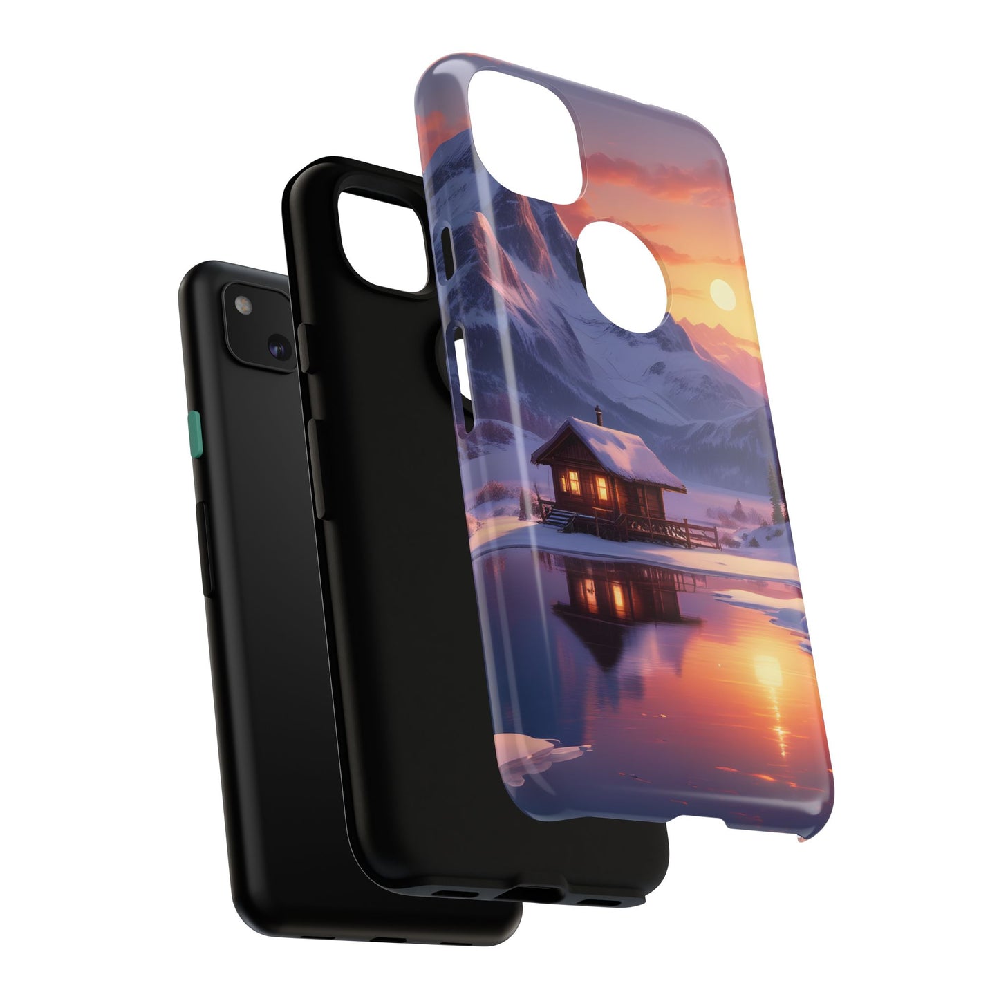 Carcasa para teléfono con diseño de cabaña en la montaña nevada, fundas resistentes para amantes de la naturaleza, cubierta de teléfono con paisaje pintoresco, regalo para excursionistas, accesorio para aventuras al aire libre.