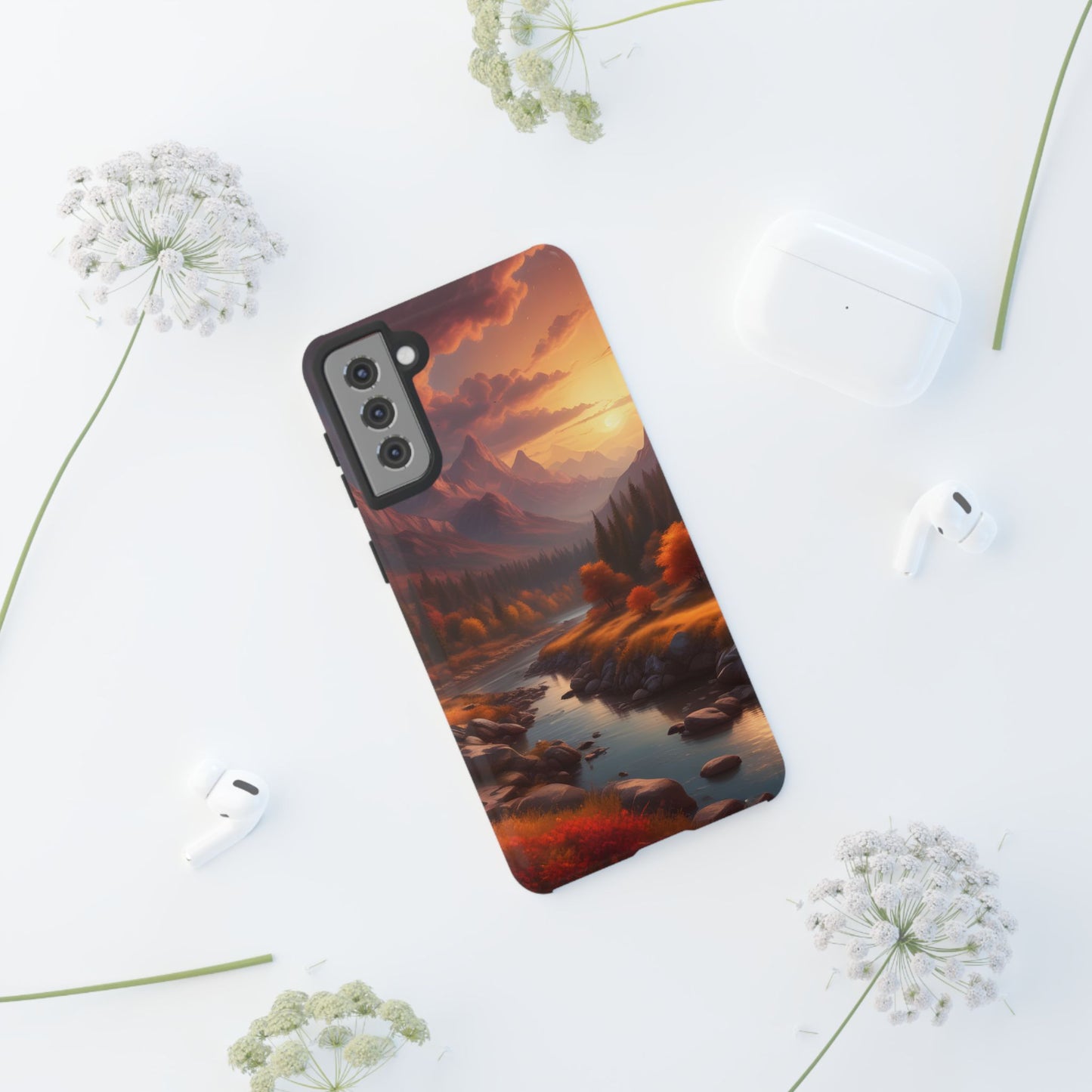 Carcasa para teléfono con diseño de atardecer otoñal en la montaña, regalo para amantes de la naturaleza, funda resistente para teléfono, accesorio para aventuras al aire libre, funda con arte paisajístico.