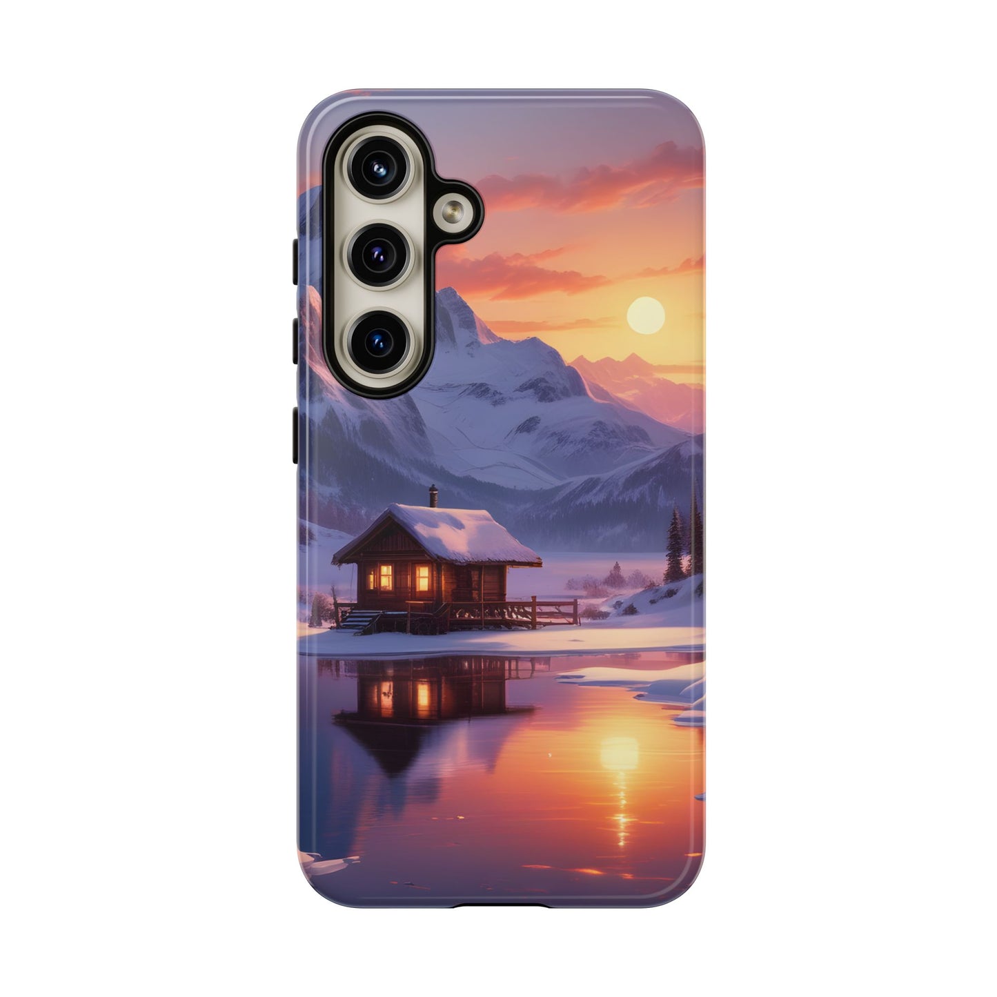 Carcasa para teléfono con diseño de cabaña en la montaña nevada, fundas resistentes para amantes de la naturaleza, cubierta de teléfono con paisaje pintoresco, regalo para excursionistas, accesorio para aventuras al aire libre.