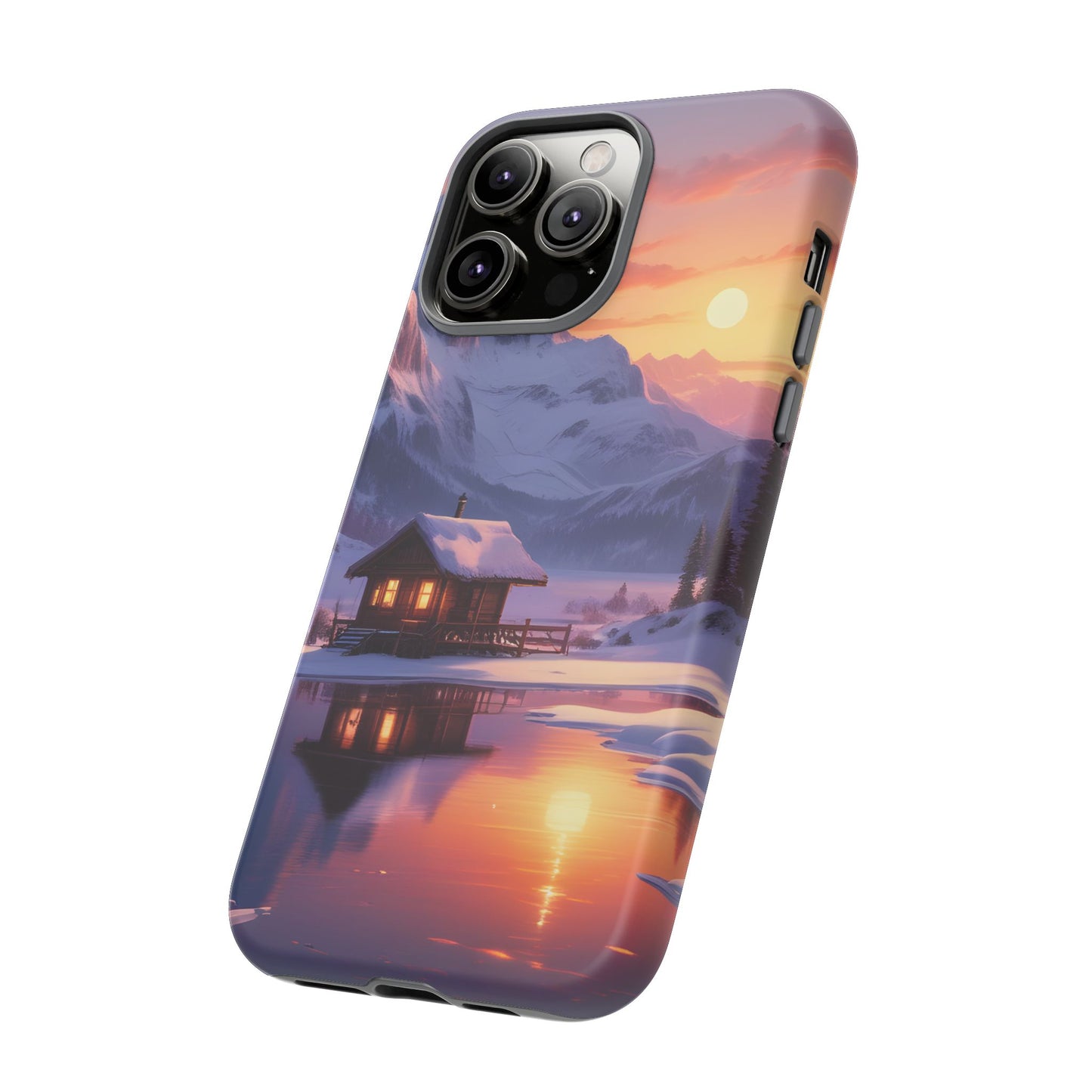 Carcasa para teléfono con diseño de cabaña en la montaña nevada, fundas resistentes para amantes de la naturaleza, cubierta de teléfono con paisaje pintoresco, regalo para excursionistas, accesorio para aventuras al aire libre.