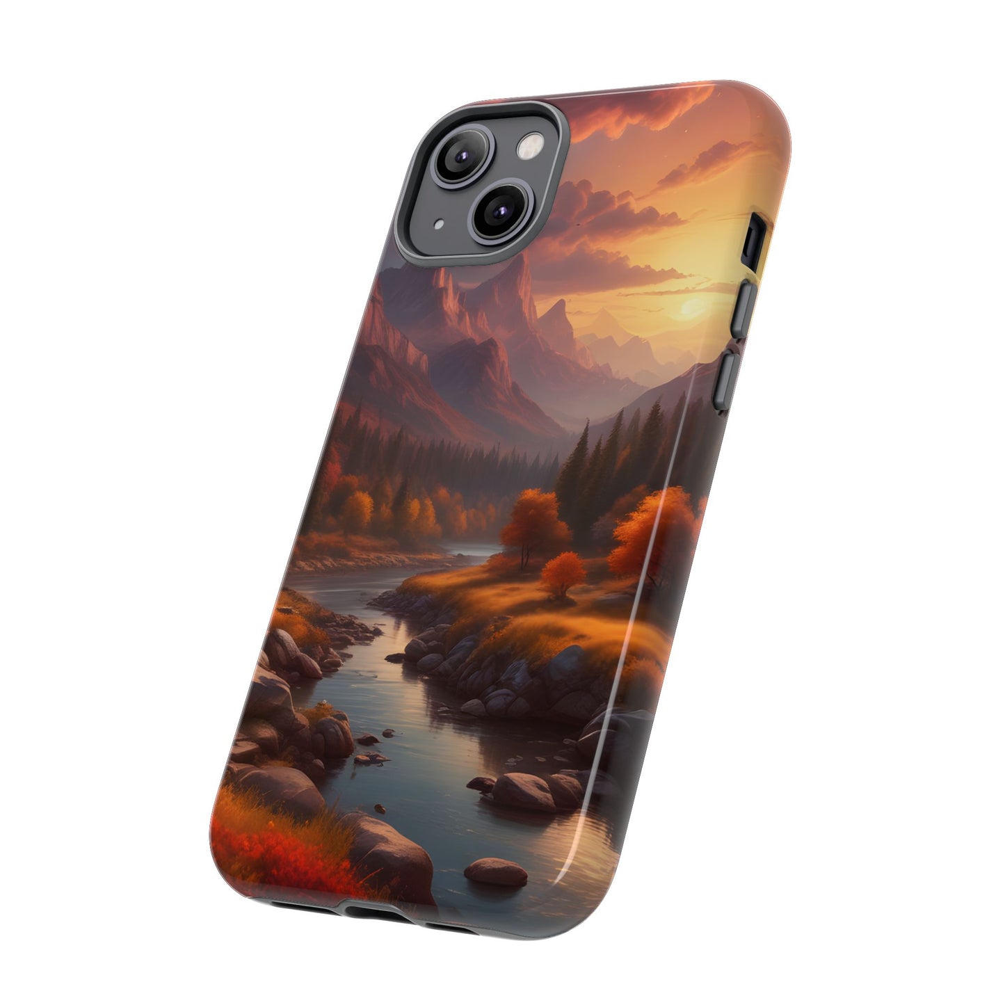 Carcasa para teléfono con diseño de atardecer otoñal en la montaña, regalo para amantes de la naturaleza, funda resistente para teléfono, accesorio para aventuras al aire libre, funda con arte paisajístico.