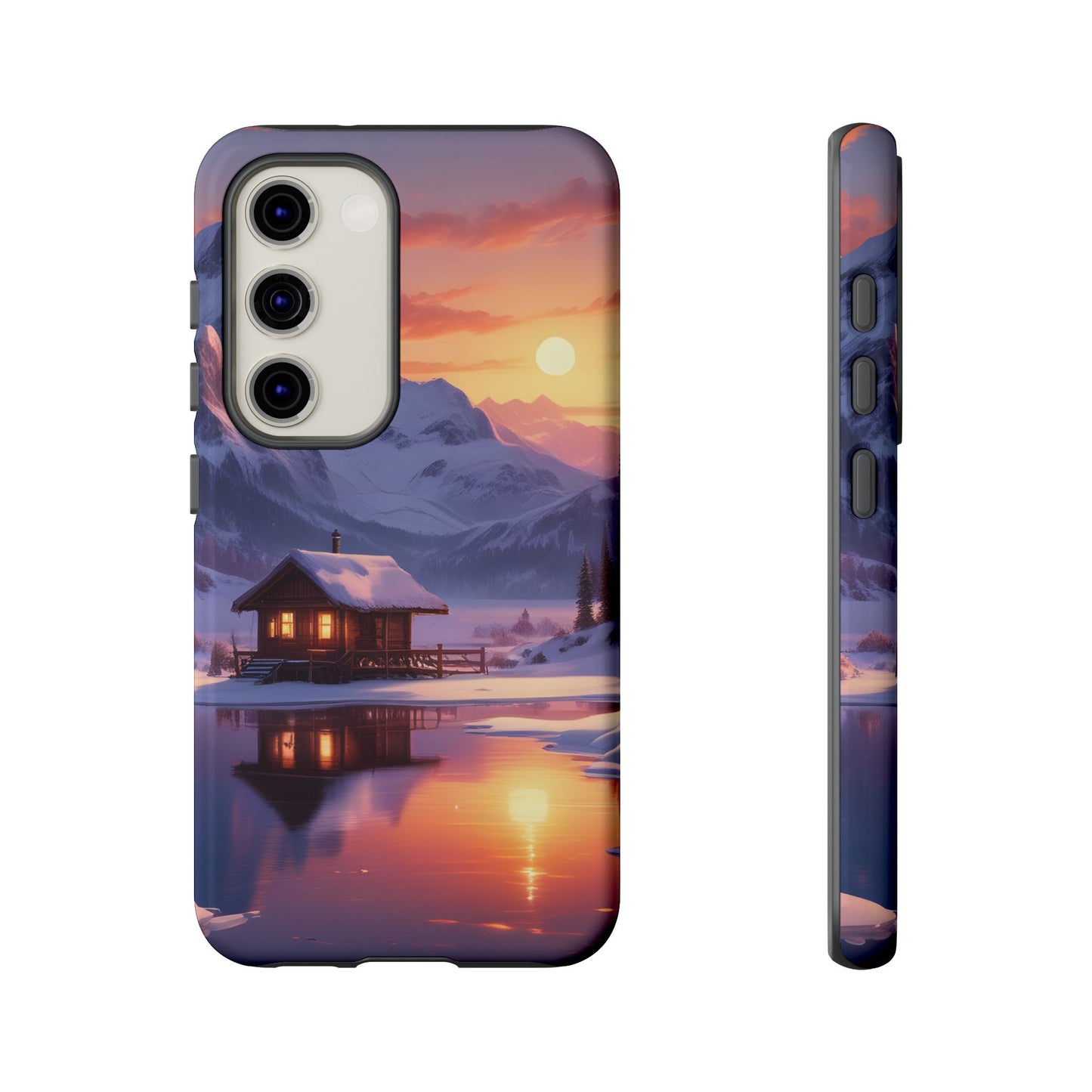 Carcasa para teléfono con diseño de cabaña en la montaña nevada, fundas resistentes para amantes de la naturaleza, cubierta de teléfono con paisaje pintoresco, regalo para excursionistas, accesorio para aventuras al aire libre.