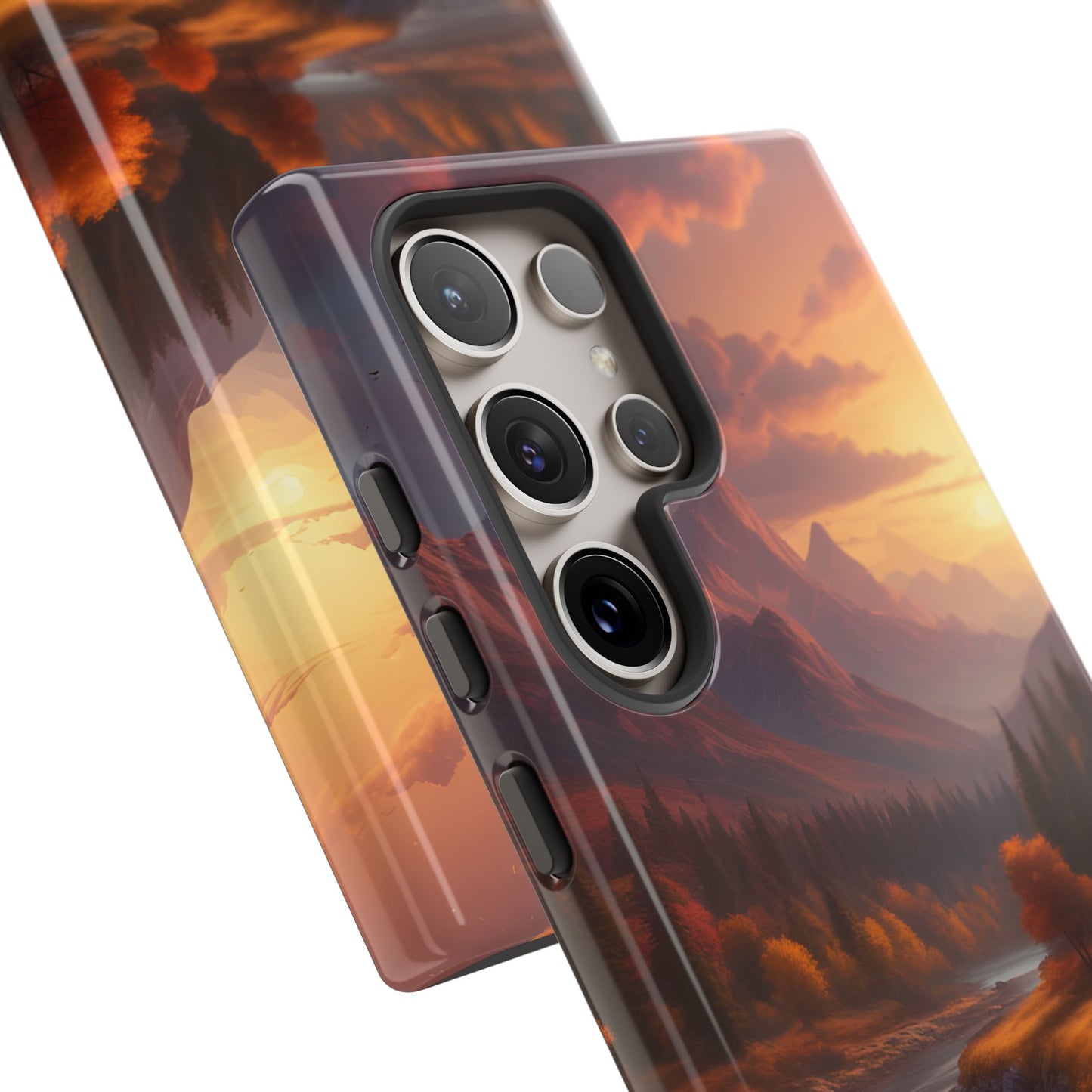 Carcasa para teléfono con diseño de atardecer otoñal en la montaña, regalo para amantes de la naturaleza, funda resistente para teléfono, accesorio para aventuras al aire libre, funda con arte paisajístico.