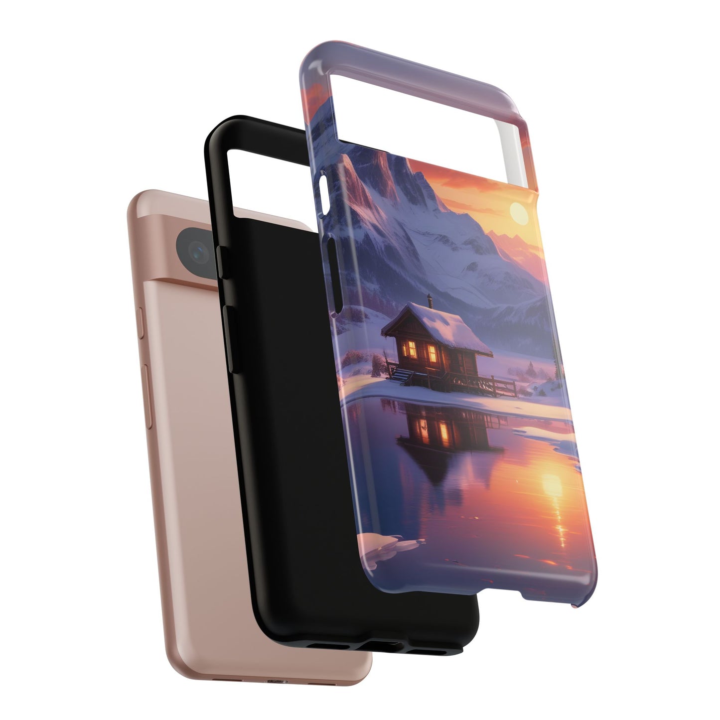 Carcasa para teléfono con diseño de cabaña en la montaña nevada, fundas resistentes para amantes de la naturaleza, cubierta de teléfono con paisaje pintoresco, regalo para excursionistas, accesorio para aventuras al aire libre.