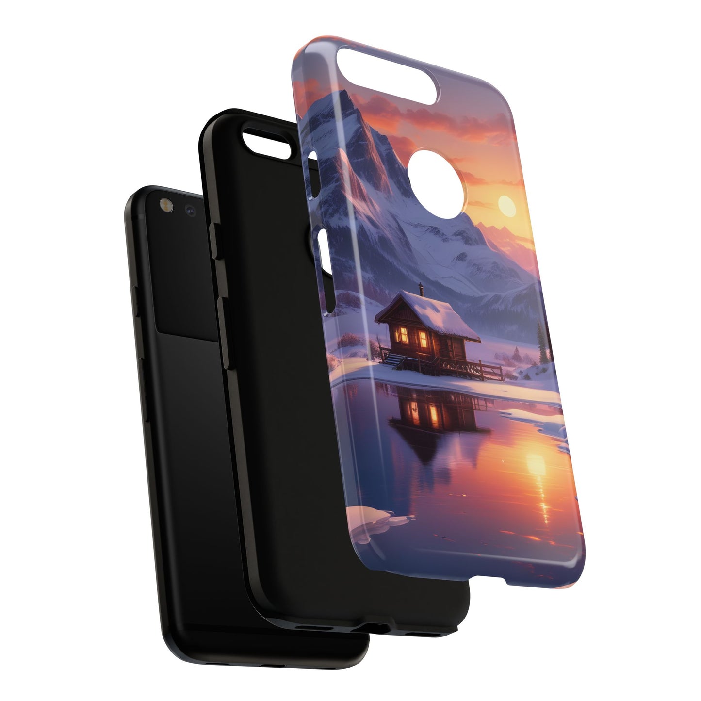 Carcasa para teléfono con diseño de cabaña en la montaña nevada, fundas resistentes para amantes de la naturaleza, cubierta de teléfono con paisaje pintoresco, regalo para excursionistas, accesorio para aventuras al aire libre.