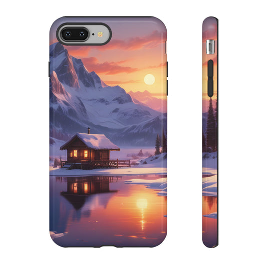 Snowy Mountain Cabin Phone Case, Tough Cases for Nature Lovers, Scenic Phone Cover, Gift for Hikers, Outdoor Adventure Accessory