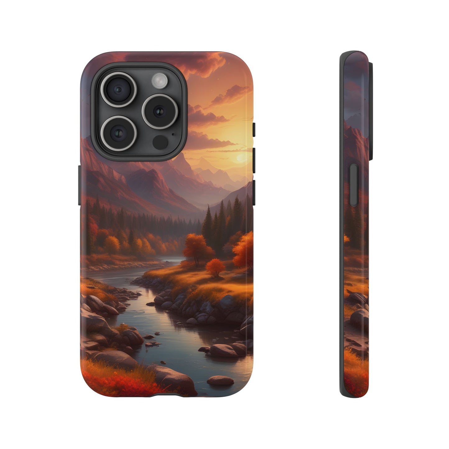 Carcasa para teléfono con diseño de atardecer otoñal en la montaña, regalo para amantes de la naturaleza, funda resistente para teléfono, accesorio para aventuras al aire libre, funda con arte paisajístico.