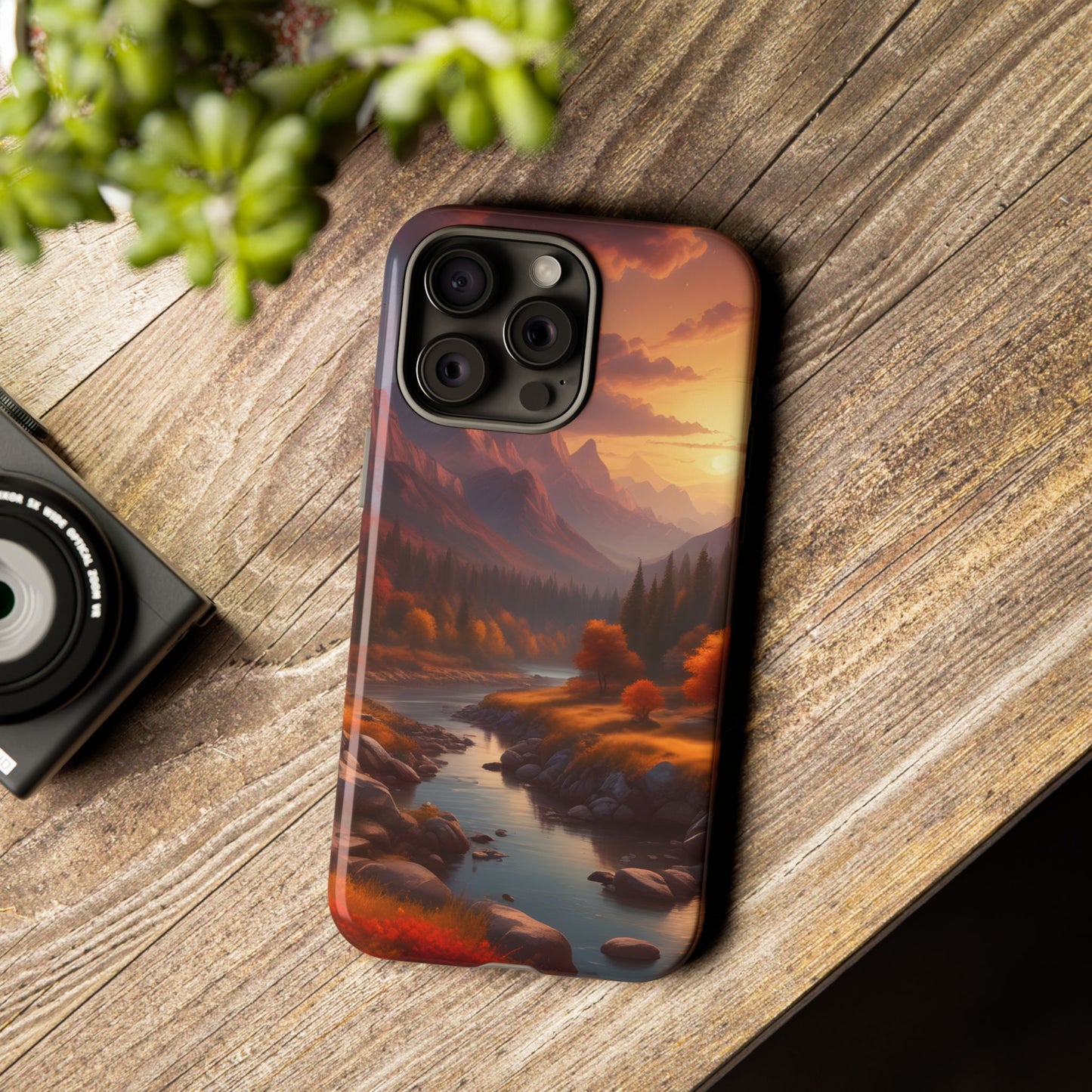 Carcasa para teléfono con diseño de atardecer otoñal en la montaña, regalo para amantes de la naturaleza, funda resistente para teléfono, accesorio para aventuras al aire libre, funda con arte paisajístico.