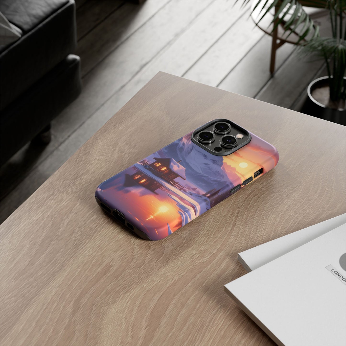 Carcasa para teléfono con diseño de cabaña en la montaña nevada, fundas resistentes para amantes de la naturaleza, cubierta de teléfono con paisaje pintoresco, regalo para excursionistas, accesorio para aventuras al aire libre.
