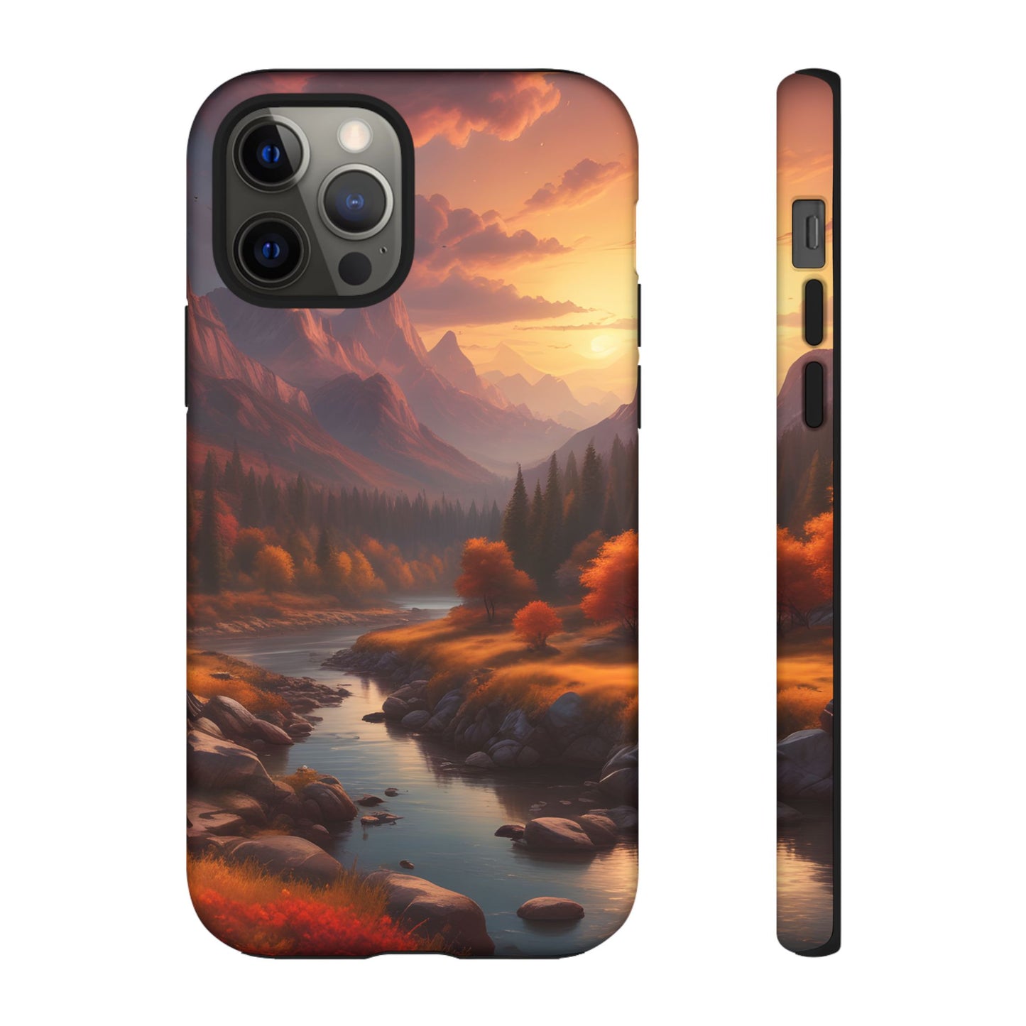 Carcasa para teléfono con diseño de atardecer otoñal en la montaña, regalo para amantes de la naturaleza, funda resistente para teléfono, accesorio para aventuras al aire libre, funda con arte paisajístico.