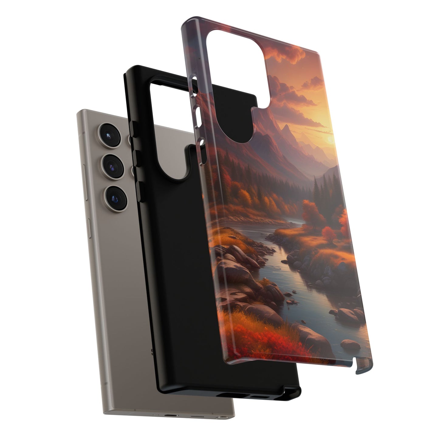 Carcasa para teléfono con diseño de atardecer otoñal en la montaña, regalo para amantes de la naturaleza, funda resistente para teléfono, accesorio para aventuras al aire libre, funda con arte paisajístico.