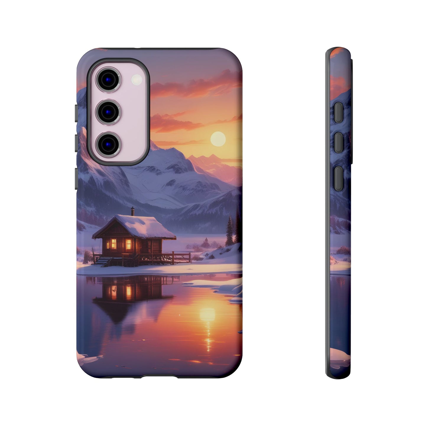 Carcasa para teléfono con diseño de cabaña en la montaña nevada, fundas resistentes para amantes de la naturaleza, cubierta de teléfono con paisaje pintoresco, regalo para excursionistas, accesorio para aventuras al aire libre.