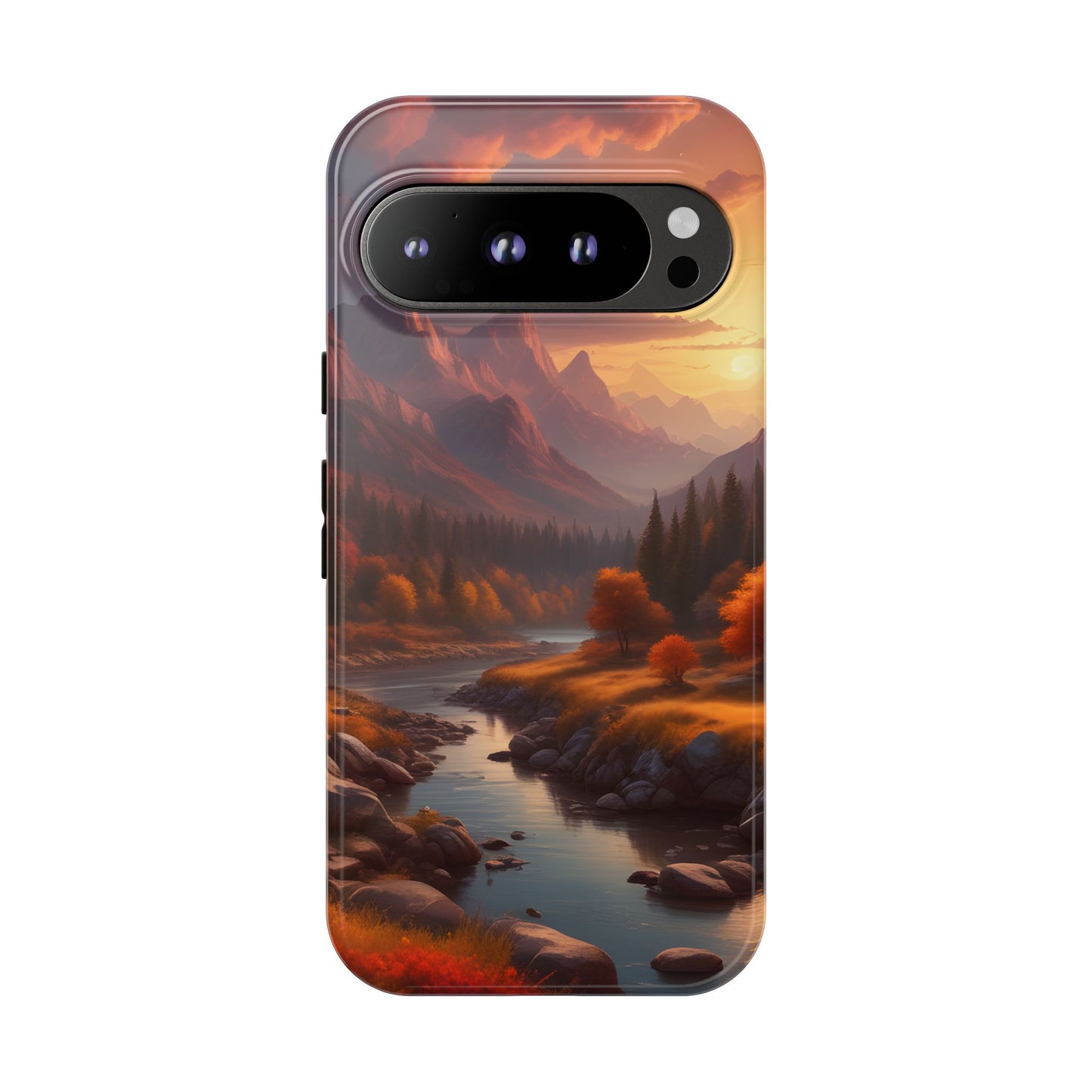 Carcasa para teléfono con diseño de atardecer otoñal en la montaña, regalo para amantes de la naturaleza, funda resistente para teléfono, accesorio para aventuras al aire libre, funda con arte paisajístico.