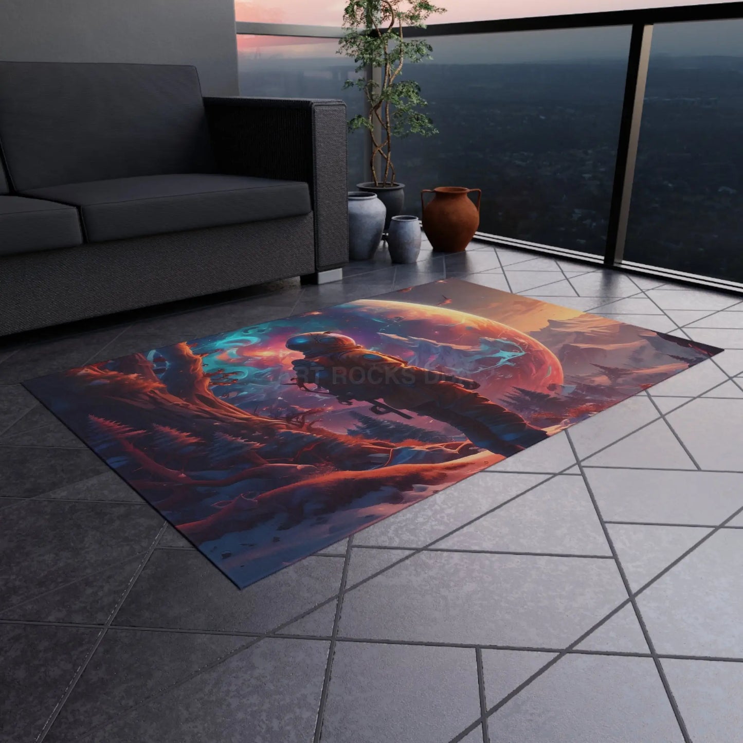 Astronaut Adventure Outdoor Rug Cosmic Patio Decor Space Lover Gift Sci-Fi Garden Mat Unique Camping Rug Starry Night