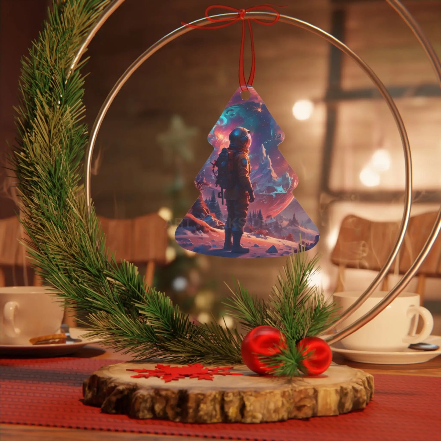 Astronaut Space Scene Metal Ornament — Cosmic Holiday Décor - Home Decor