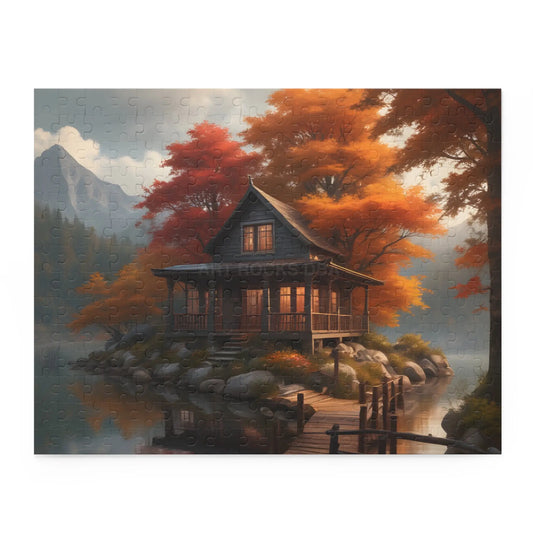 Autumn Lakeside Cabin Jigsaw Puzzle- 120/252/500-Piece - 14’’ × 11’’ (252 pcs) - Puzzle