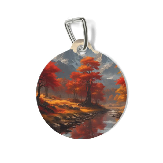 Autumn Lakeside Pet Tag — Scenic Red Tree Landscape ID Charm - 1’’ - Pets