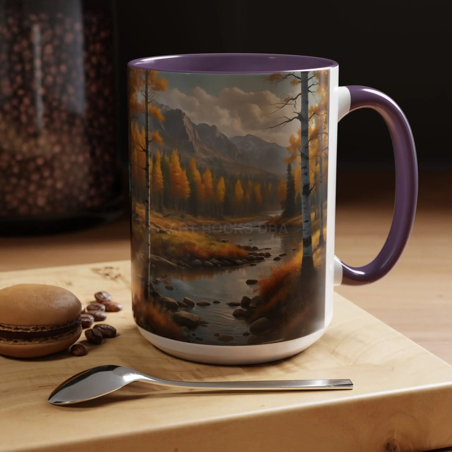 Autumn Mountain Landscape Accent Coffee Mug — Scenic River Cabin Decor ’Rocks’ Text Accent 11/15oz - Mug