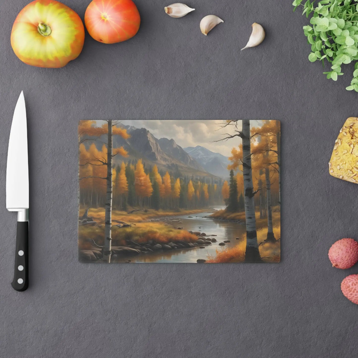 Autumn Mountain Stream Cutting Board — Scenic Aspen Forest Kitchen Board - Home Decor