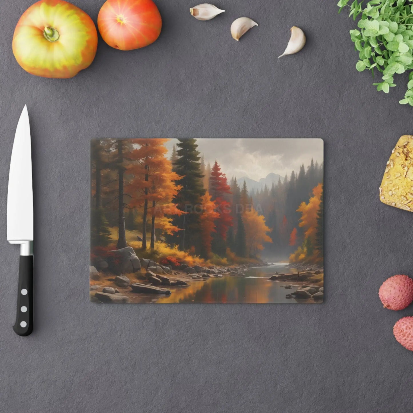 Autumn River Scenic Cutting Board — Fall Forest Landscape Kitchen Decor - Home Decor