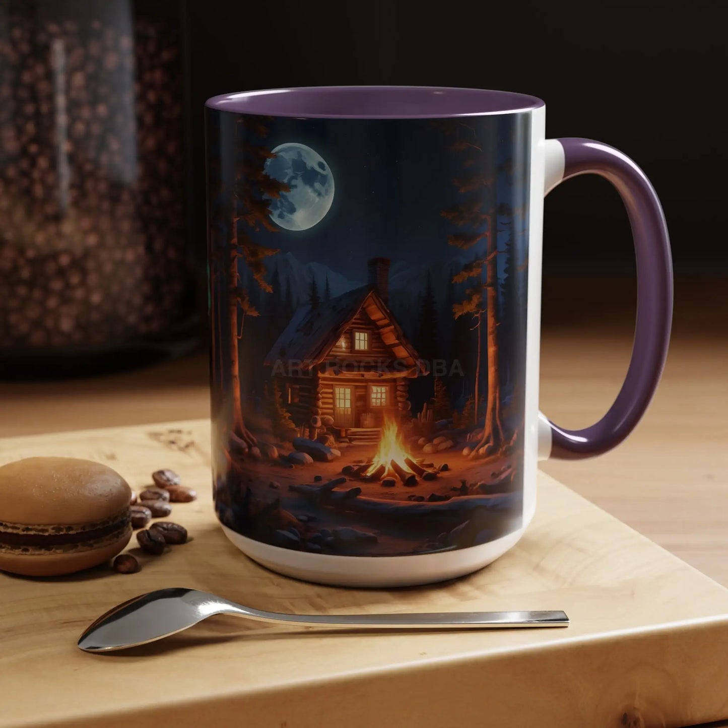 Cabin Campfire Coffee Mug — Moonlit Forest Rustic Ceramic Accent Mug (11/15oz) - Mug