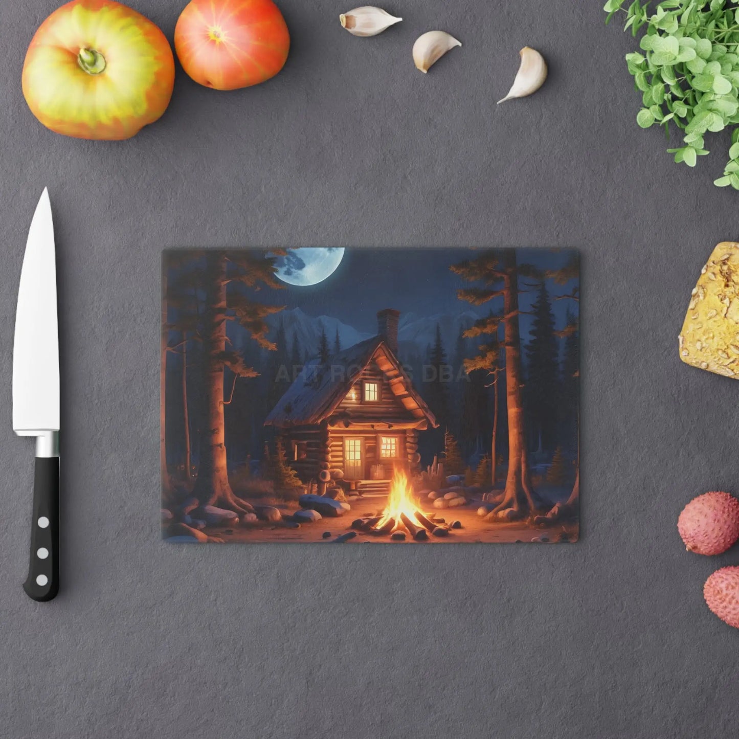 Cabin Campfire Cutting Board – Moonlit Log Cabin Kitchen Board - Home Decor
