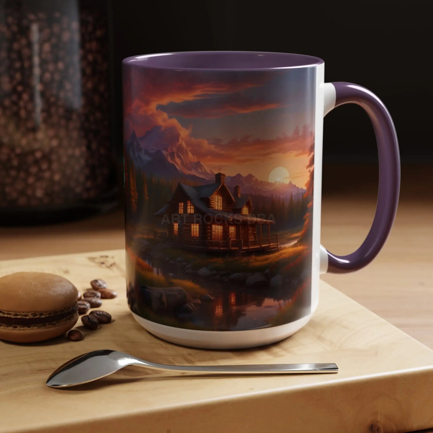 Cabin in the Mountains Sunset Accent Coffee Mug — Cozy Fall Cabin Scene (11/15oz) - Mug