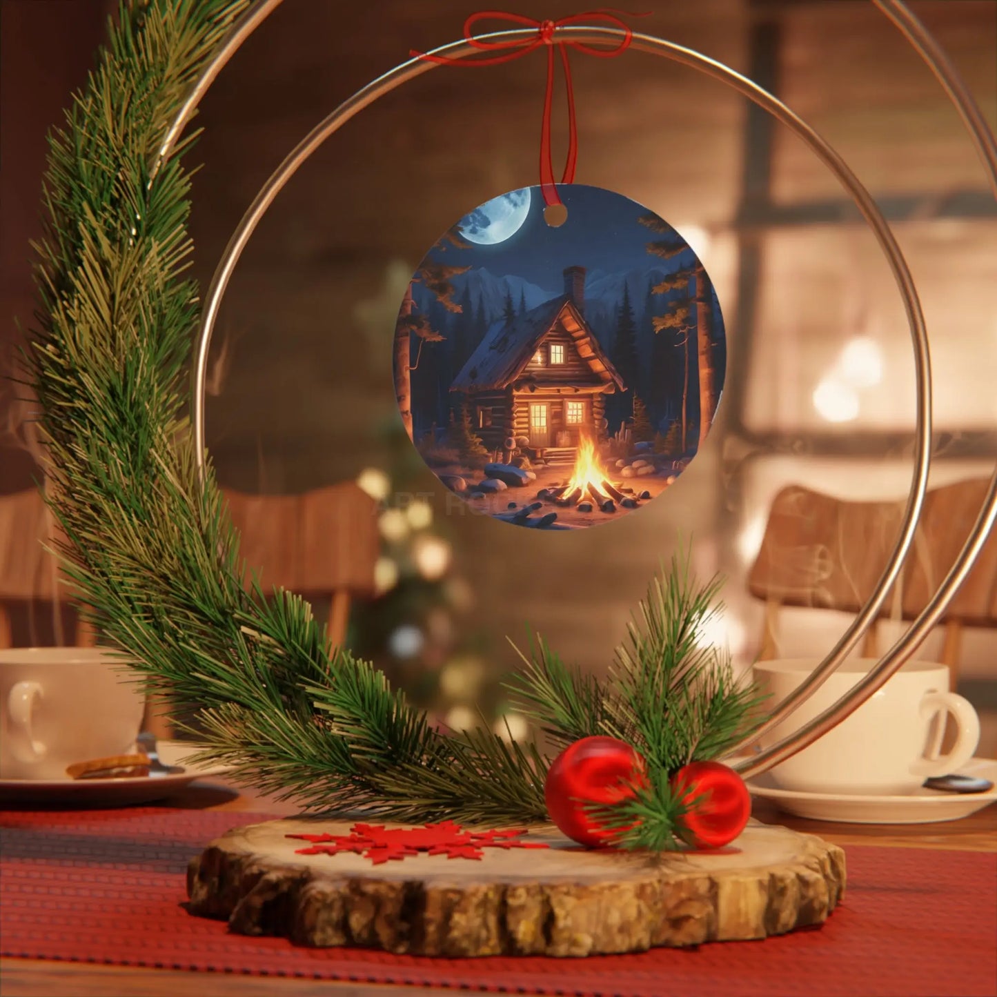 Cabin Night Metal Ornament — Cozy Campfire Lodge Holiday Decoration - Home Decor
