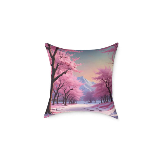Canvas Pillow - Cherry Blossom Tree Full Bloom in Peaceful Snowy Mountains - 18’’ × 18’’ - Home Decor