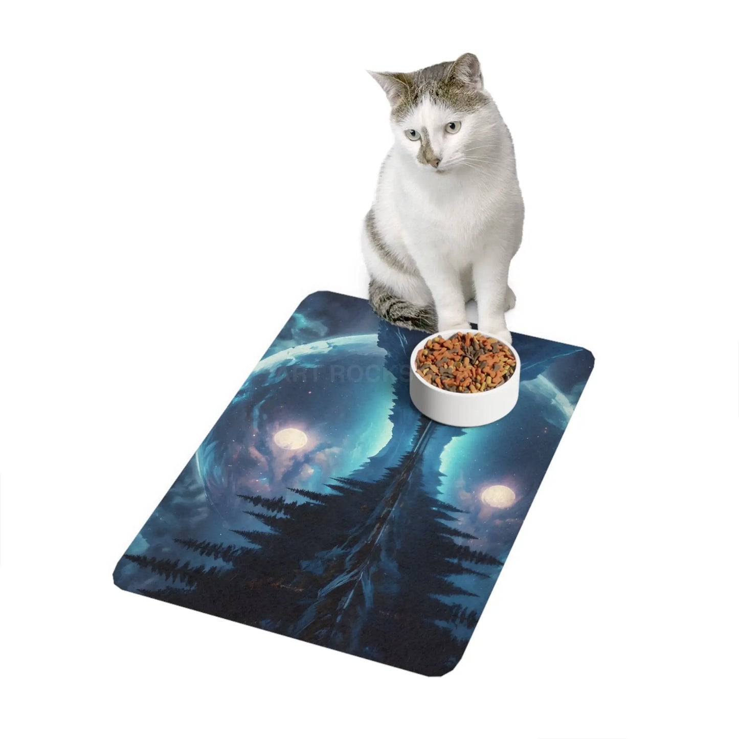 Celestial Lake Pet Food Mat (12x18) – Moonlit Forest Feeding Mat for Dogs & Cats - 12’’ × 18’’ / Rectangle - Pets