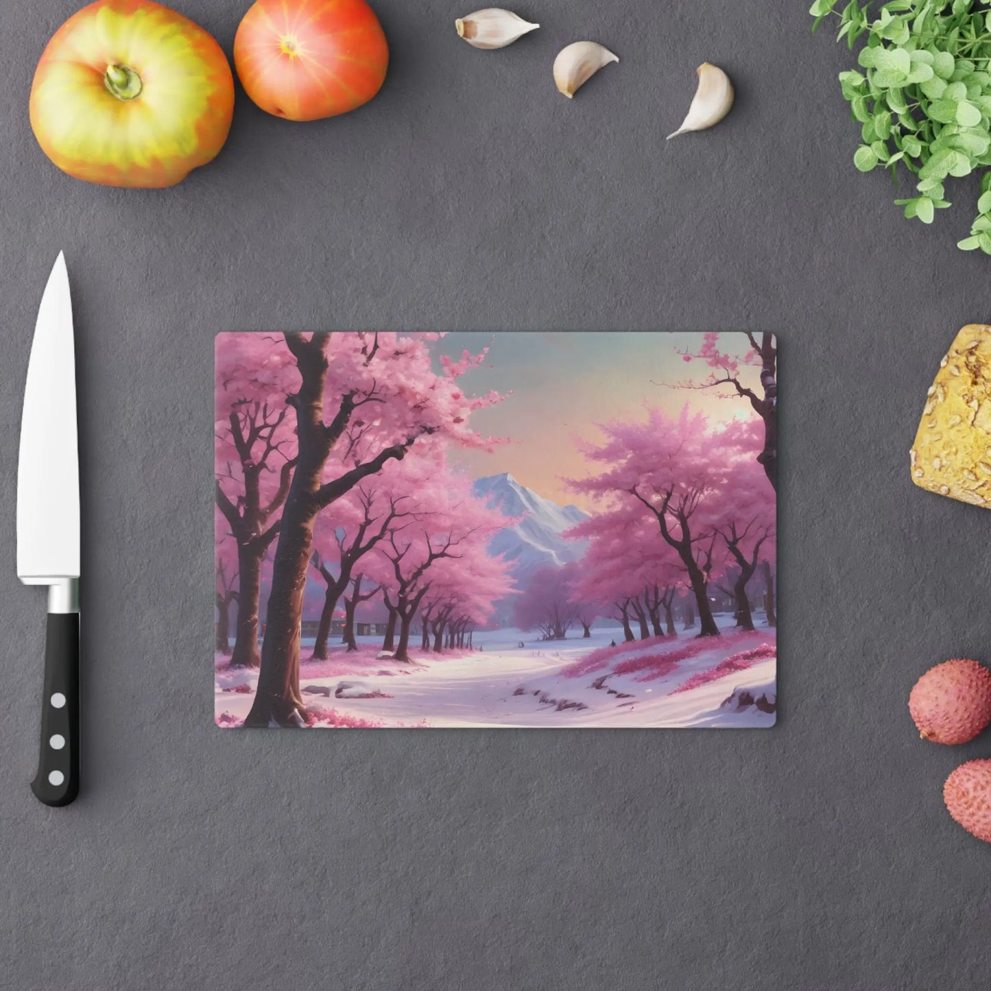 Cherry Blossom Scenic Cutting Board – Sakura Mountain Kitchen Decor - Home Decor