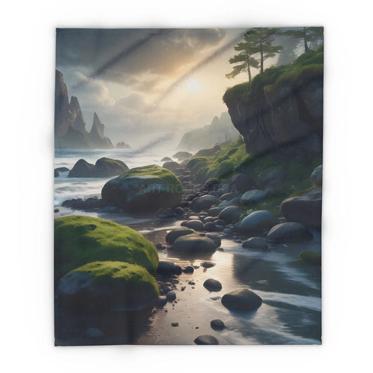 Coastal Serenity Mossy Rock Beach Fleece Blanket - 50’’ × 60’’ - Home Decor