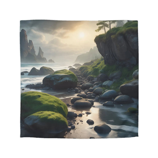Coastal Serenity Mossy Rock Beach Microfiber Duvet Cover - Nature-Inspired Bedding for Tranquil Spaces - Queen / Cream