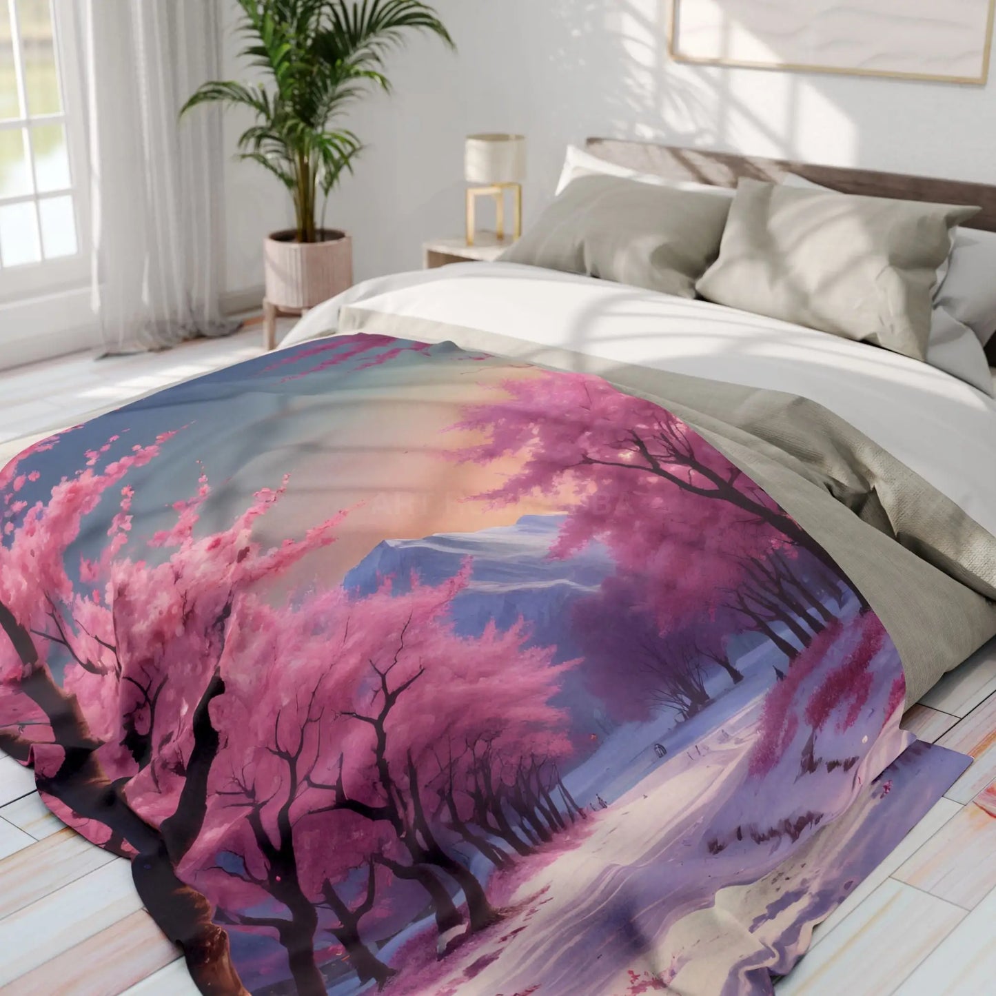 Cozy Arctic Fleece Blanket - Pink Cherry Blossom Scene Soft Throw for Home Gift for Nature Lovers Winter Decor Cozy