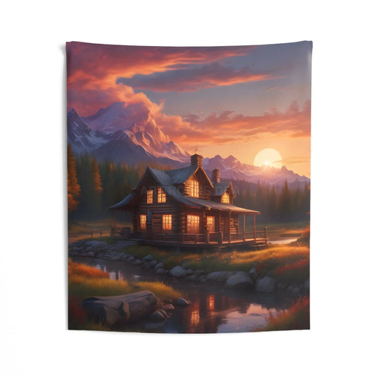 Cozy Cabin Sunset Wall Tapestry - Rustic Home Decor Boho Bedroom Wall Art Nature Landscape Tapestry Cozy Living Room