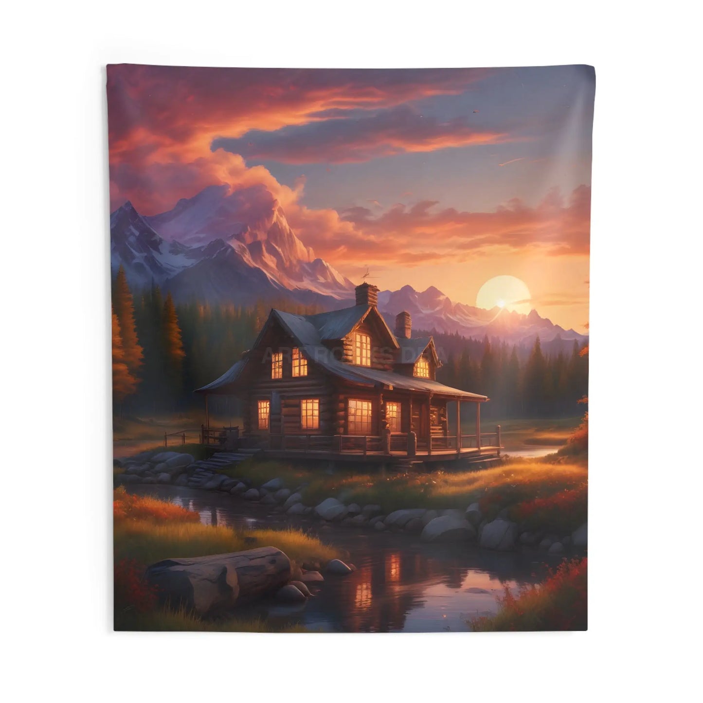 Cozy Cabin Sunset Wall Tapestry - Rustic Home Decor Boho Bedroom Wall Art Nature Landscape Tapestry Cozy Living Room