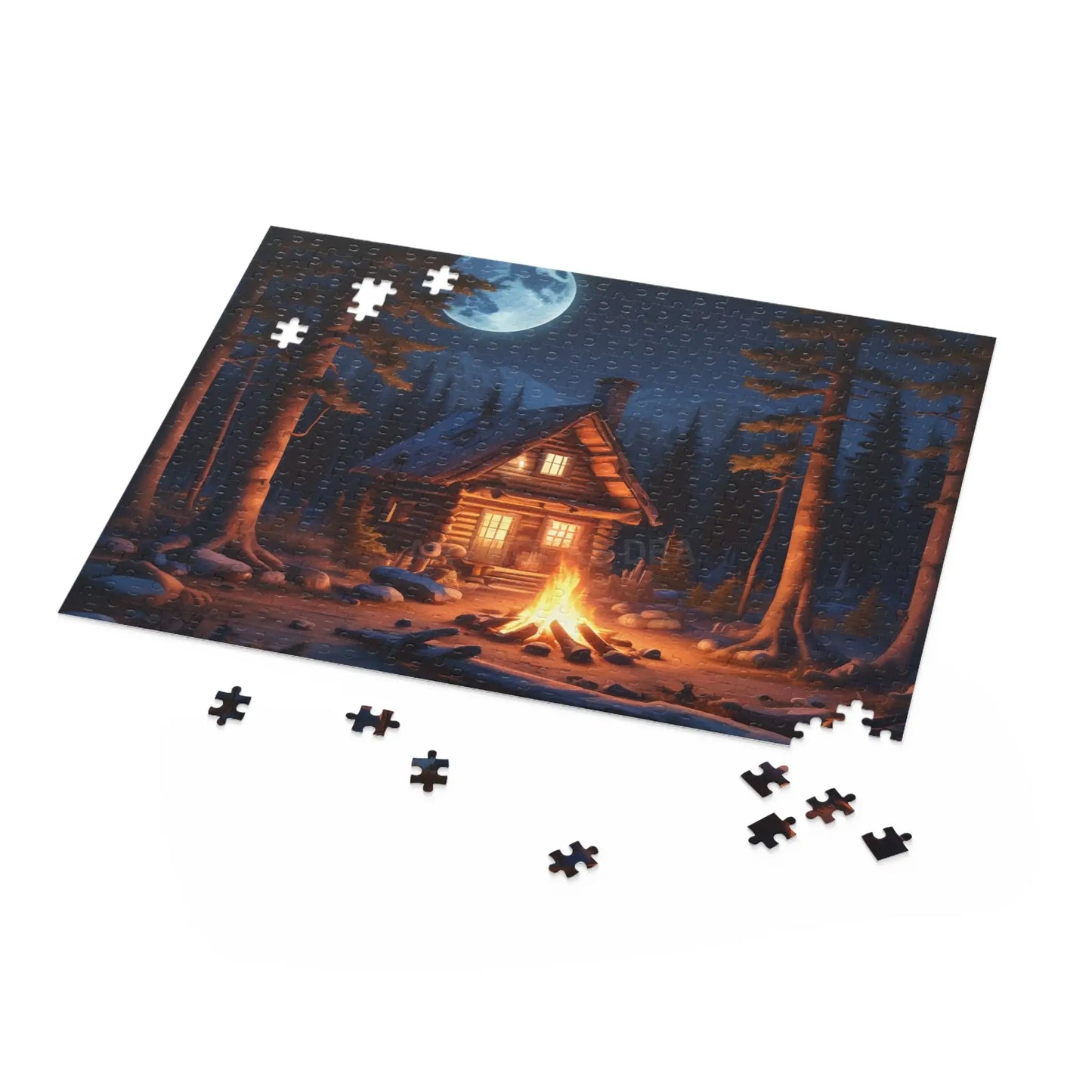 Cozy Moonlit Cabin Campfire Jigsaw Puzzle — 120/252/500-Piece - Puzzle