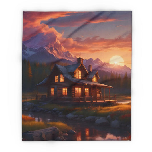 Cozy Sunset Cabin Mountain Scene Fleece Blanket | Warm Soft Throw for Home Cabin Decor Gift for Nature Lovers Camping