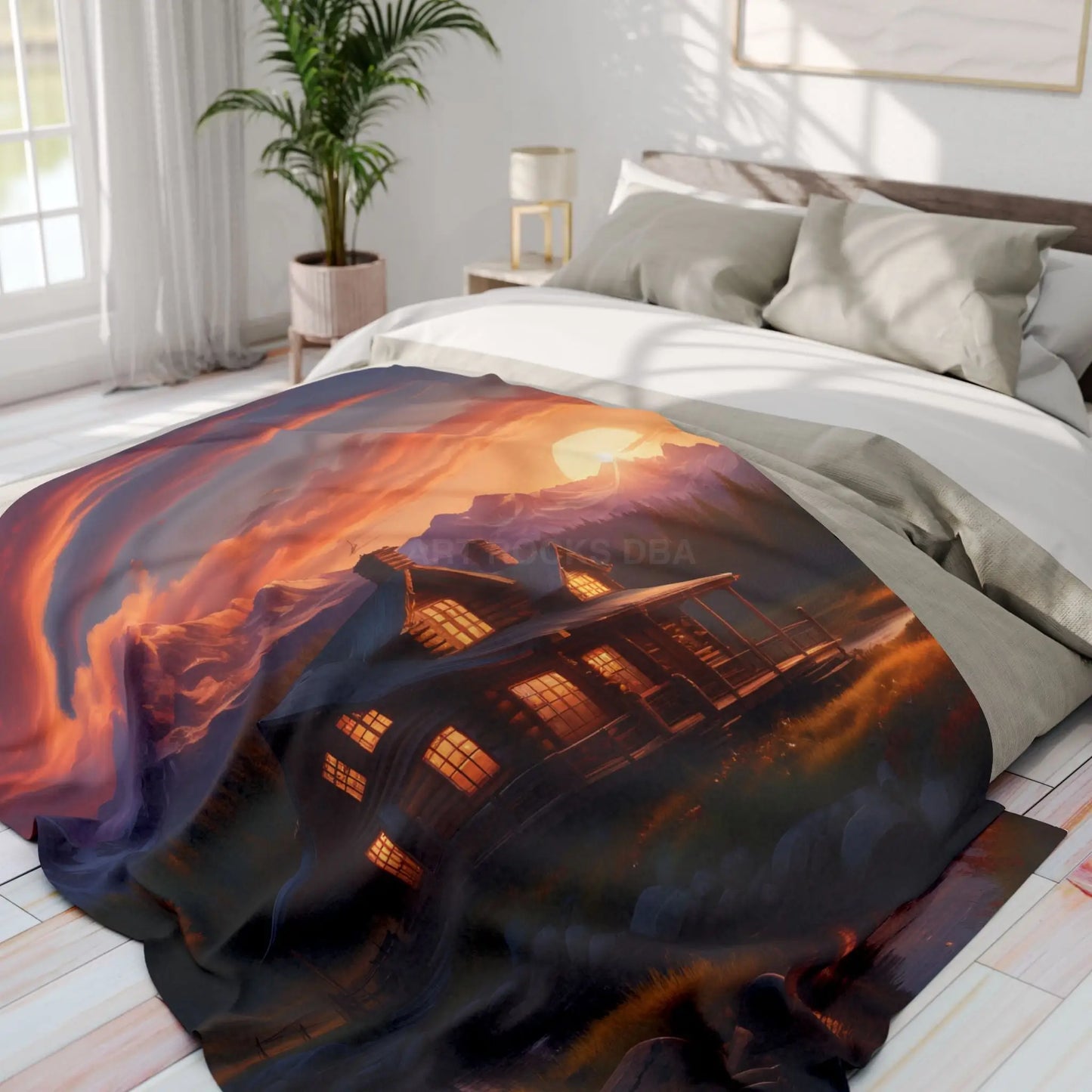 Cozy Sunset Cabin Mountain Scene Fleece Blanket | Warm Soft Throw for Home Cabin Decor Gift for Nature Lovers Camping