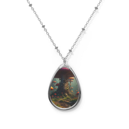 Enchanted Mushroom Oval Necklace — Fantasy Teardrop Pendant - One Size / Silver - Accessories