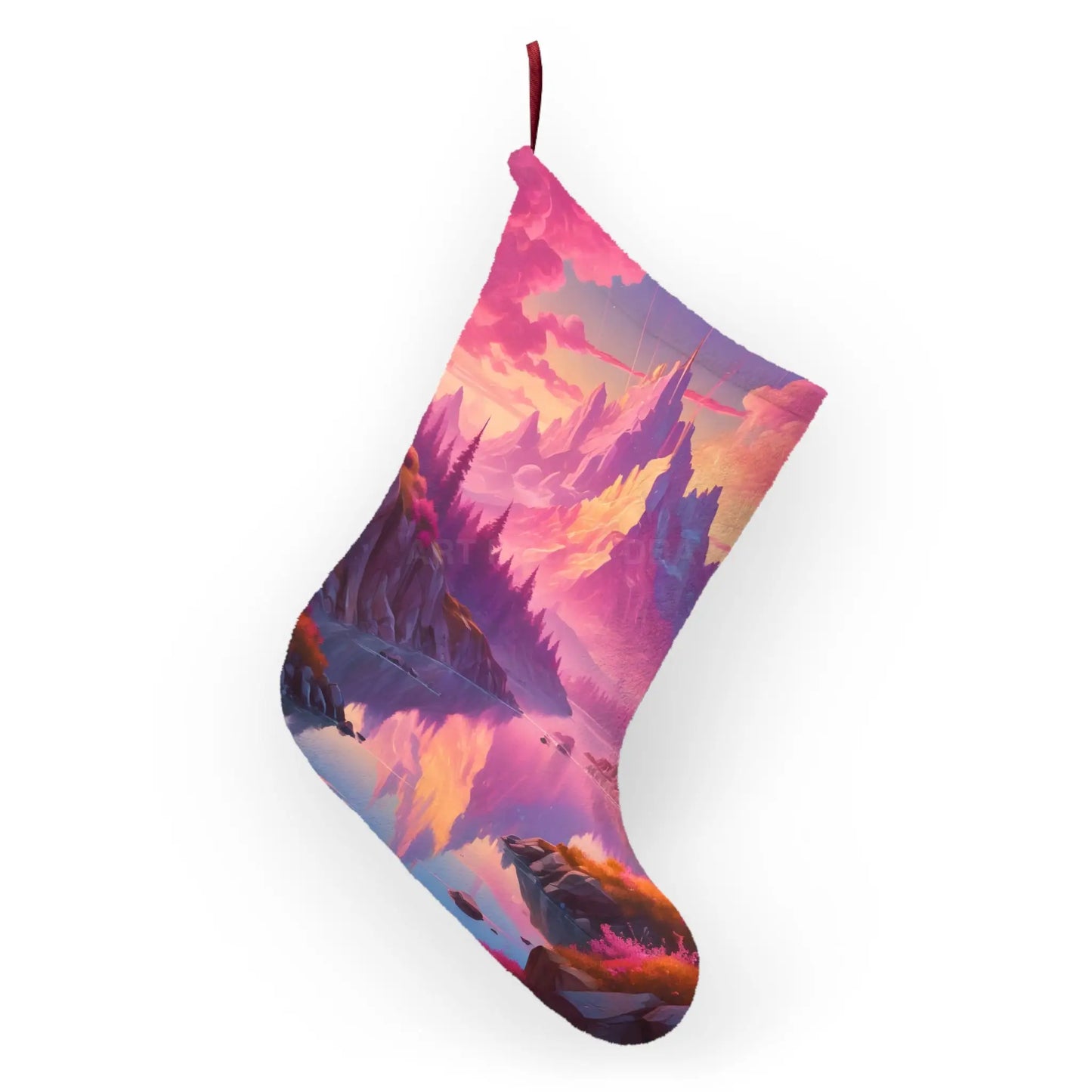 Fantasy Mountain Christmas Stocking — Pink Sunset Castle Holiday Stocking - One size - Home Decor