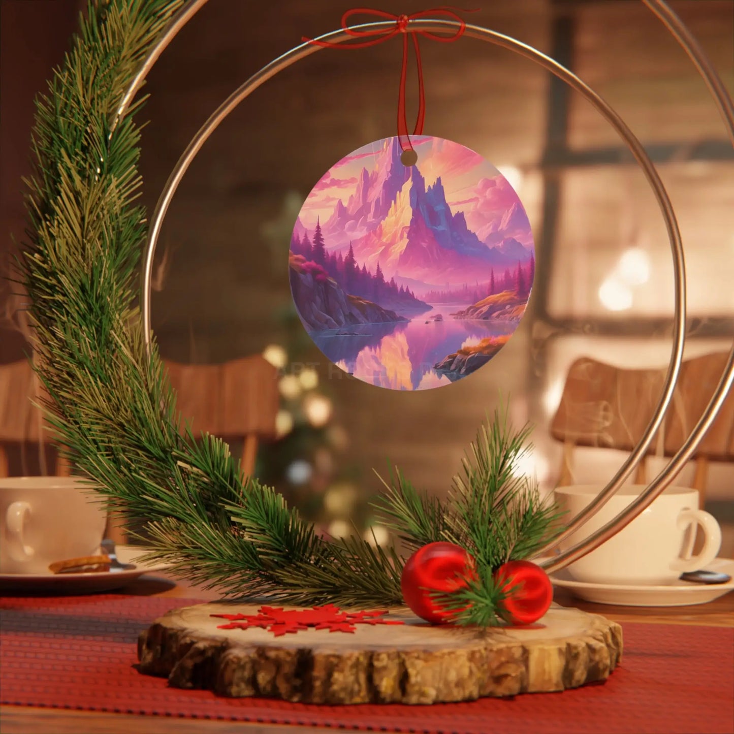 Fantasy Mountain Sunset Metal Ornament — Scenic Landscape Holiday Decoration - Home Decor