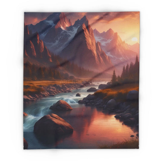 Fleece Blanket Sunset Over a River in the Mountains - 50’’ × 60’’ - Home Decor
