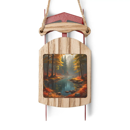 Foggy Autumn Creek in the Mountains Sled Ornament - 2.1’’ × 4.6’’ / 1 pc - Home Decor
